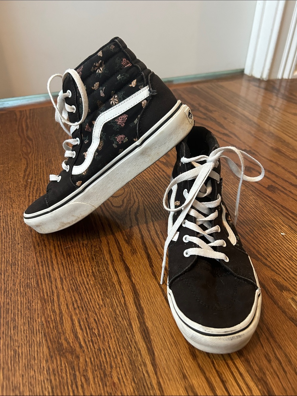 Vans Kids Black High-Top Sneakers with Floral & Butterfly Detail- Size 5